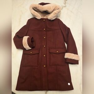 Burgundy Coat with Cream Faux Fur Hood